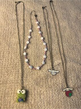 Sanrio Silver Charm Necklace Trio with White Star Beads and Pink & Blue Accents